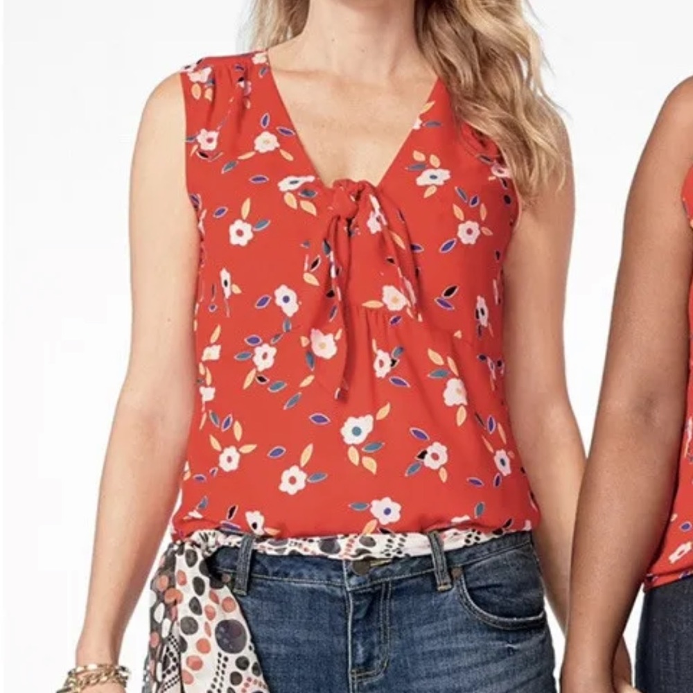 CABI Red Floral Tied Up Top Sz L